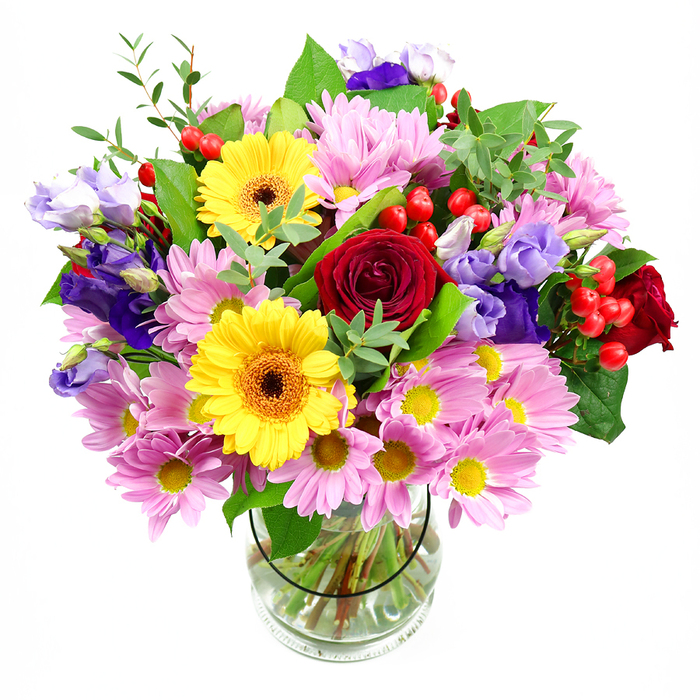 A generously rounded bouquet, displayed in a cylindrical clear glass vase against a spotless white background, showcases a lively mix of colours and textures reminiscent of the seasonal displays around Chessington. At its core, sumptuous deep red roses stand proudly, their velvety petals layered in tight spirals that create a sense of depth and intimacy. They are accompanied by bright yellow gerbera daisies whose dark brown-orange centres sit like buttons in the middle of wide, radiating petals, bringing an instant burst of sunshine to the design. Surrounding this bold core, soft pink and pale lilac daisies or chrysanthemums gather in clusters, each bloom a starburst of fine petals around a tiny yellow centre, adding volume and a gentle, relaxed mood that softens the eye. Winding through the design are stems of purple and lavender lisianthus, their bell-shaped blossoms unfurling in delicate layers, introducing cool, calming tones that lend refinement and balance. Between the petals, small sprays of round, glossy red hypericum berries emerge like hidden treasures, providing a tactile contrast and a contemporary twist. The bouquet is wrapped in a frame of greenery: broad, darker leaves at the base support the structure, while lighter, more delicate green sprigs reach upward and outward, giving the arrangement a fresh, lively silhouette, much like the mixed foliage seen around Chessington's residential streets and green spaces near King Edward Recreation Ground. Through the vase's transparent sides, carefully trimmed stems are visible in clear water, hinting at the thoughtful conditioning that keeps each bloom looking its best. The lighting is soft and even, emphasising the natural beauty of the flowers without harsh shadow. It is easy to imagine this arrangement bringing warmth and colour to a kitchen table in Chessington, marking a birthday, an anniversary, or simply brightening a quiet evening at home.