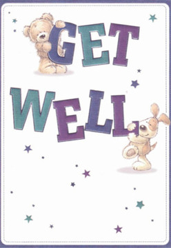 Infused with comfort and optimism, this get well card beautifully mirrors the spirit of Chessington-gentle yet lively, just like a spring morning near the Hogsmill River. Against a pristine white background, a soft brown bear rests his paws atop the jubilant word 'GET,' rendered in shimmering shades of purple and teal. Beneath, a playful puppy with floppy ears leans affectionately against 'WELL,' his smile full of hope and gentle encouragement. Above and around them, whimsical blue and indigo stars drift lightly, adding a touch of wonder reminiscent of the cheerful blooms and fresh arrangements prepared daily at Chessington Florist. The bear's plush fur and the pup's velvety coat are rendered with such detail that they seem almost tangible, inviting the receiver to imagine the comfort of their embrace-akin to the way a bouquet brightens a hospital room or living space along Moor Lane or Rushett Lane. The lively, hand-drawn typography pops from the card with energy and intent, turning a simple message into an occasion-each detail thoughtfully composed to communicate genuine warmth. Conveying both innocence and heartfelt care, this card is more than a wish; it is a sincere gesture of kindness, perfectly tailored for delivering hope and healing throughout the Chessington community.